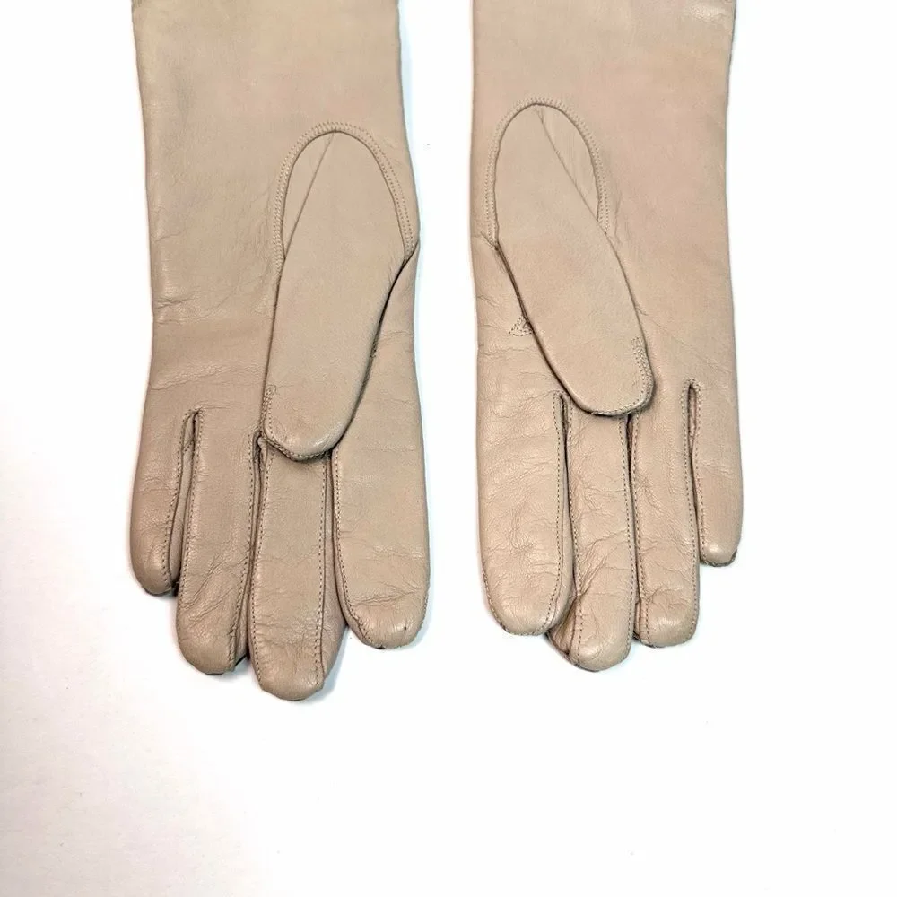 Bloomingdale's Long Leather Gloves Wool Lining Hazelnut Beige Vintage France 6,5